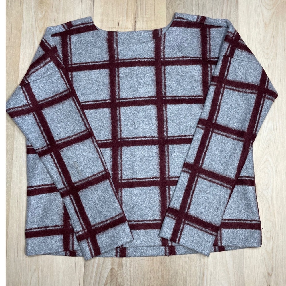 Madewell Plaid Wool Blend Pullover Top Grey Burgundy B6077 XS
